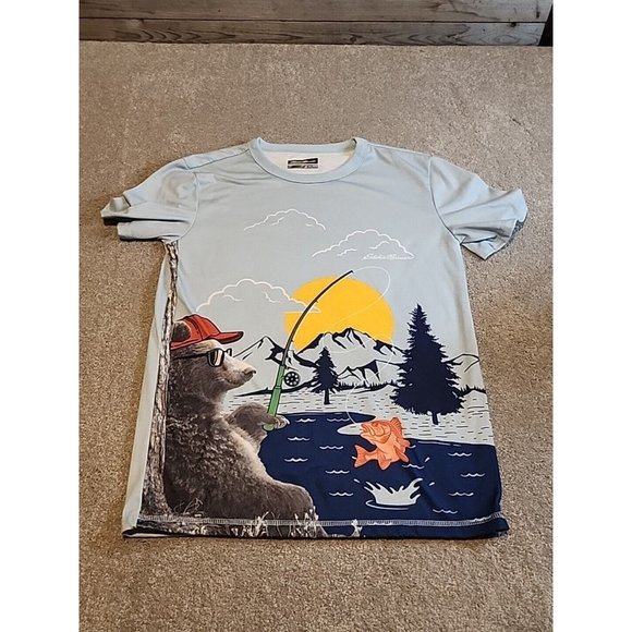 Eddie Bauer T-Shirt Sz L 14/16   Lake Bear Fishing Print Flame Resistant Kids - Picture 1 of 6